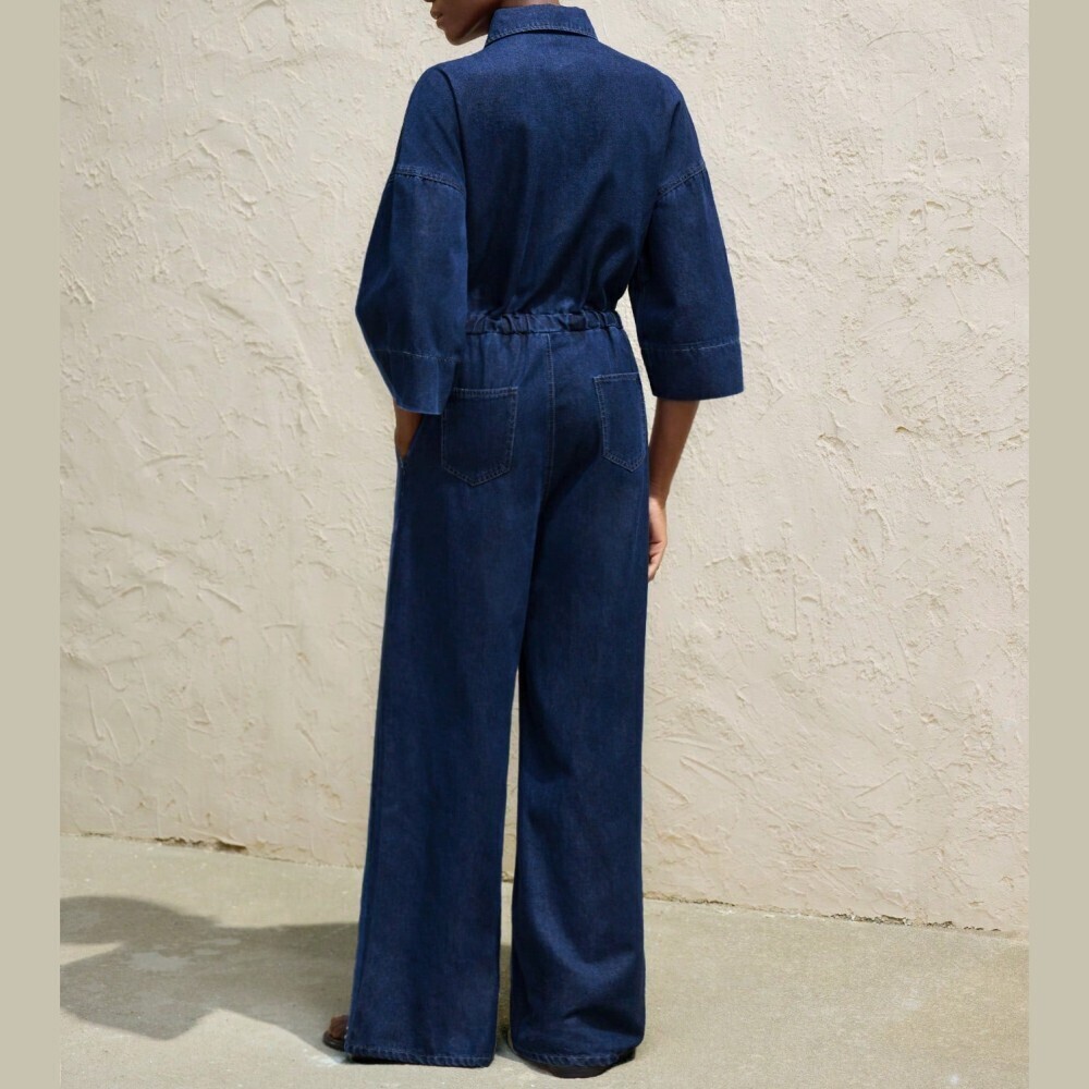 Navy Denim Jumpsuit with Drawstring Waist - Picture 2 of 7